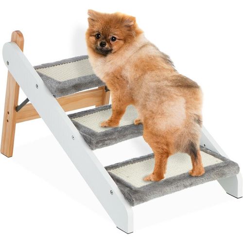Hundetreppe 3 Stufen klappbar, Hunde & Katzen, Haustiertreppe Plüsch, Bett & Couch, hbt 41x39x69 cm, weiß-grau – Relaxdays