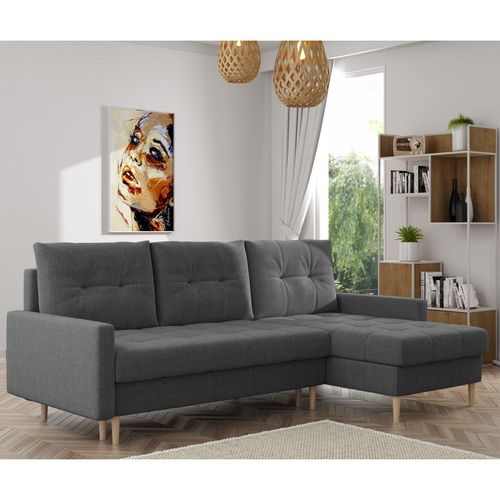 Ecksofa OSLO Samt Grau mit Bett Bettkasten Sofa Schlafsofa Ottomane universell Links oder Rechts