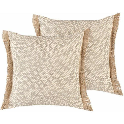 Dekokissen 2er Set mit Fransen 45×45 cm Fransenkissen Boho Stil sandbeige Lonar – Beige