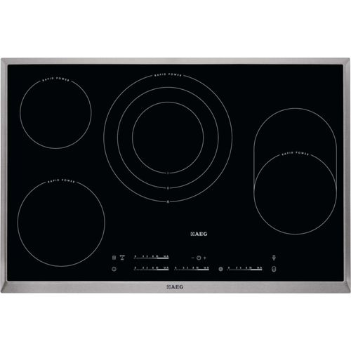 AEG HKC85487XB E-E.Mulde Kochfeld - 80 cm, RapidPower Kochzonen, Elektronikfeature, Zweikreis, Dreikreis, Bräterzone, Direct Control, Edelstahlrahmen