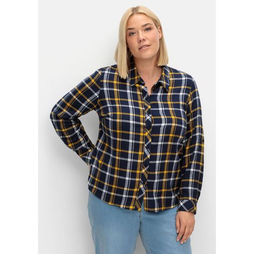 Karierte Flanellbluse mit Krempelärmeln, marine-ocker kariert, Gr.48