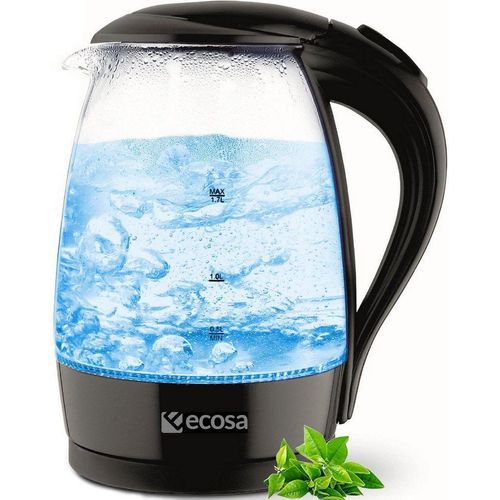 ecosa Wasserkocher EO-680, 1,7 l, 2200 W, Glaswasserkocher, Blaue LED-Beleuchtung, BPA-frei, schwarz