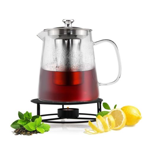 Sendez Teekanne 1,2L mit Edelstahl Sieb und Stövchen Teebereiter Glaskanne Teeset Kanne