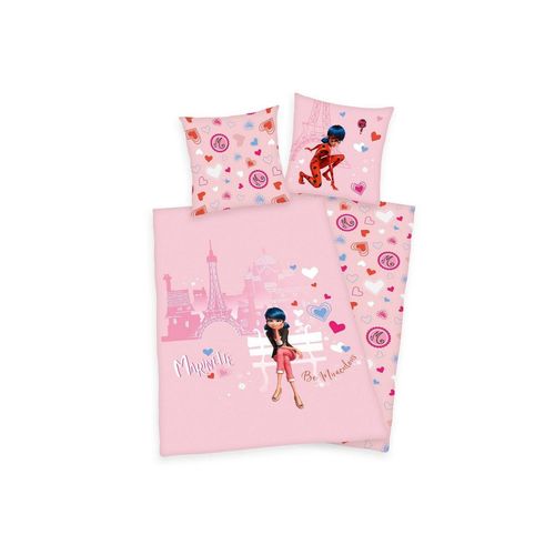 Kinderbettwäsche Mädchen Flanell Bettwäsche Miraculous Ladybug Love Paris rosa Biber