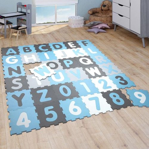 Paco Home Puzzlematte Spielmatte Schaumstoffmatte Baby Kinder Matte Junge Zahlen Buchstaben Pastell Blau 36 Puzzleteile 32x32 cm x 36 Stück