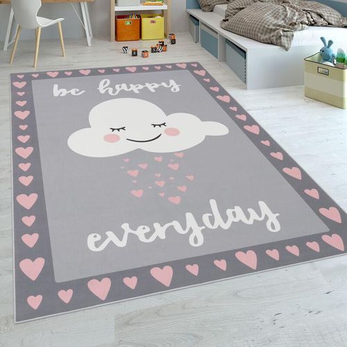Kinderteppich, Spielteppich Für Kinderzimmer, Spruch-Motiv Und Wolke, Grau Rosa 160x230 cm - Paco Home