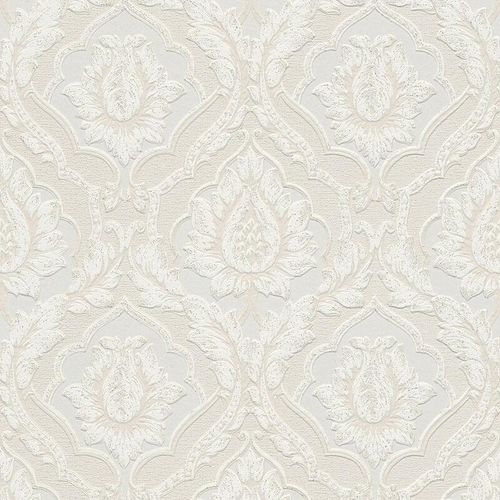 Vintage Tapete in Crème Weiß | Vinyl Papiertapete mit Struktur für Schlafzimmer und Esszimmer | Romantische Barock Wandtapete mit Glitzer Ornament