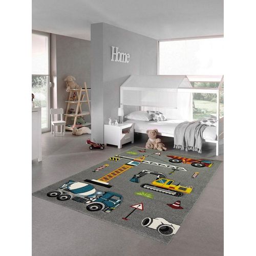 Kinderteppich Kinderteppich Spielteppich Baustelle Teppich mit Bagger in grau