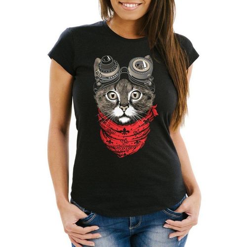 MoonWorks Print-Shirt Damen T-Shirt Katze Cat Steampunk Slim Fit Moonworks® mit Print