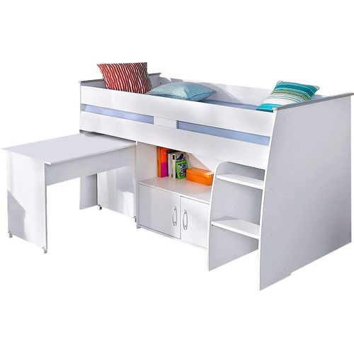 Parisot Hochbett Reverse mit ausziehbaren Schreibtisch, Kommode mit 2 Türen und Ablagefläche, weiß