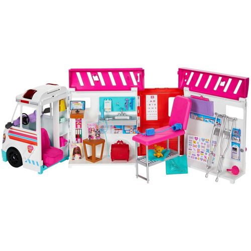 Barbie Puppen Fahrzeug Krankenwagen 2-in-1 Spielset, mit Licht und Geräuschen, weiß