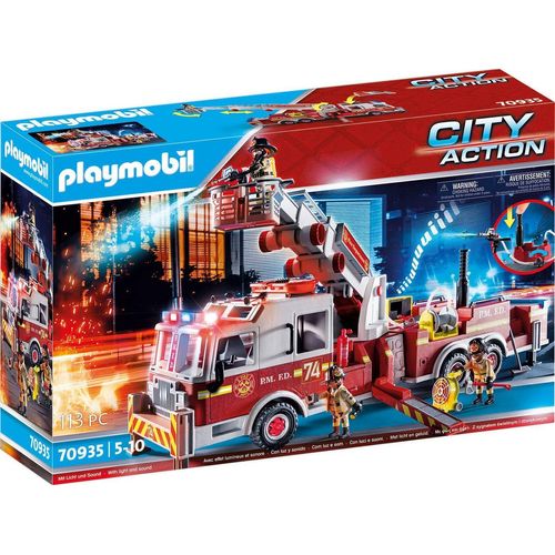 Playmobil® Konstruktions-Spielset Feuerwehr-Fahrzeug: US Tower Ladder (70935), City Action, (113 St), mit Licht- und Soundeffekten, Made in Germany, grau|rot