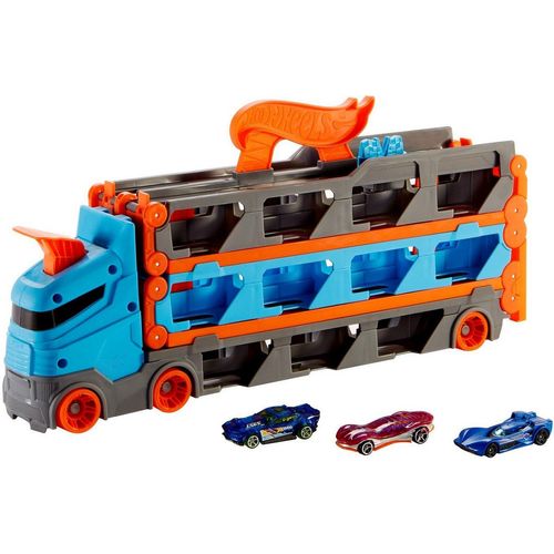 Hot Wheels Spielzeug-Transporter 2-in-1 Rennbahn-Transporter, mit drei Hot Wheels Fahrzeugen, bunt