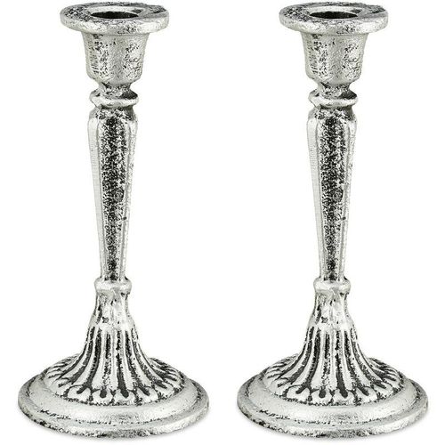 2 x Kerzenständer einarmig, für Tafel- & Stabkerzen, Kerzenleuchter Vintage, Kerzenhalter Gusseisen, HxD 19×9 cm, silber