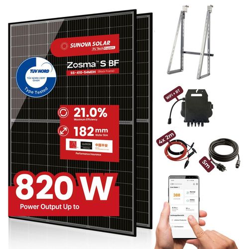 Balkonkraftwerk 820 Watt Komplettset mit 2x 410 Watt SUNOVA Markenmodulen und APS Wechselrichter