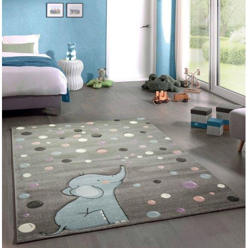 Kinderteppich Teppich Kinderzimmer Elefant Punkte grau blau