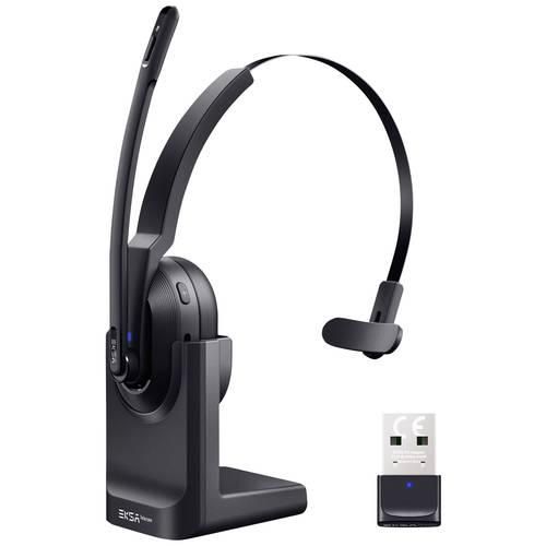 EKSA H5 On Ear Headset Bluetooth® Schwarz Mikrofon-Rauschunterdrückung, Noise Cancelling Headset, mit Bluetooth® Basisstation, inkl. Lade- und Dockingstation,