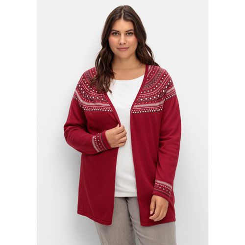 Strickjacke im Norwegermuster, offene Longform, kirschrot, Gr.52