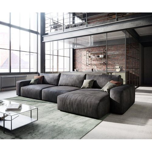 DELIFE Ecksofa Lanzo, L Lederimitat Vintage Anthrazit 360×160 cm Recamiere variabel