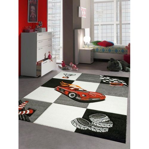 Kinderteppich Kinderteppich Spielteppich Jungen Kinderzimmerteppich Auto Rennwagen rot schwarz