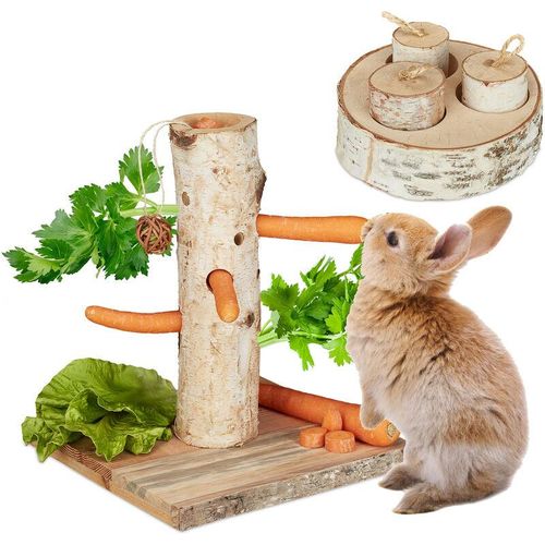 Kaninchen Spielzeug, 2tlg. Set, Nagerbaum & Intelligenzspielzeug, Holz, Zubehör Meerschweinchen, Hasen, natur - Relaxdays