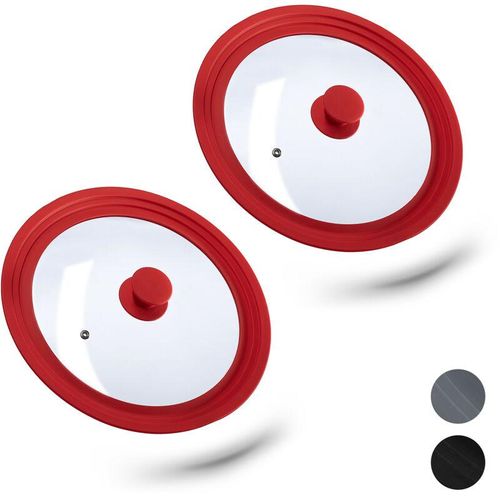 2 x Topfdeckel universal, Glasdeckel mit abgestuftem Silikonrand, Töpfe & Pfannen 26-30 cm, HxD: 5 x 31,5 cm, rot