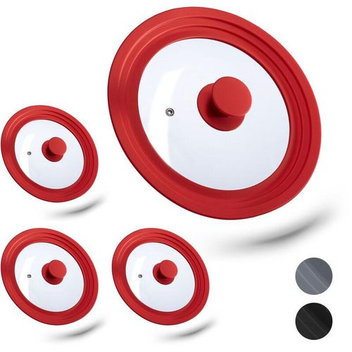 4 x Topfdeckel universal, flexibler Glasdeckel mit Silikonrand & Dampfloch, Töpfe & Pfannen mit ø 20-24cm, rot