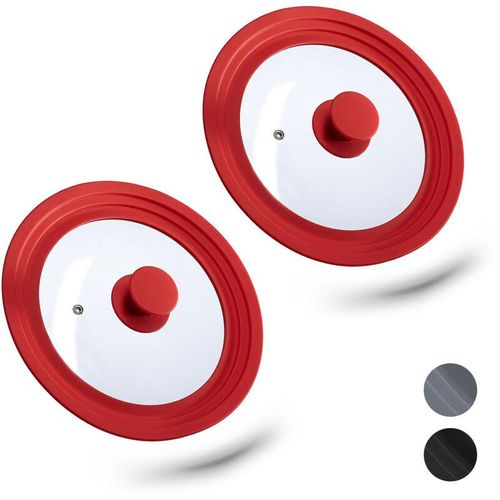 2 x Topfdeckel universal, flexibler Glasdeckel mit Silikonrand & Dampfloch, Töpfe & Pfannen mit ø 20-24cm, rot