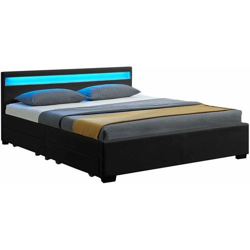 Juskys LED Polsterbett Lyon mit Bettkasten – Bettgestell aus Holz & Kunstleder mit Lattenrost – Einzelbett Jugendzimmer Möbel – 140 x 200 cm - schwarz