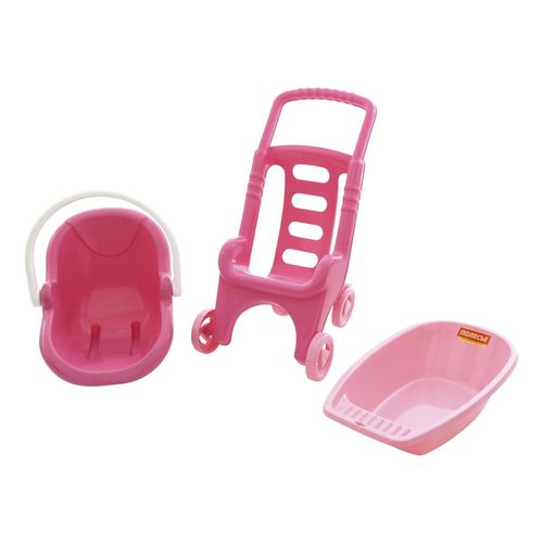 Polesie 42842 Puppenwagen 3 in 1 Set, Puppenbuggy Schaukelkorb Puppen-Badewanne pink