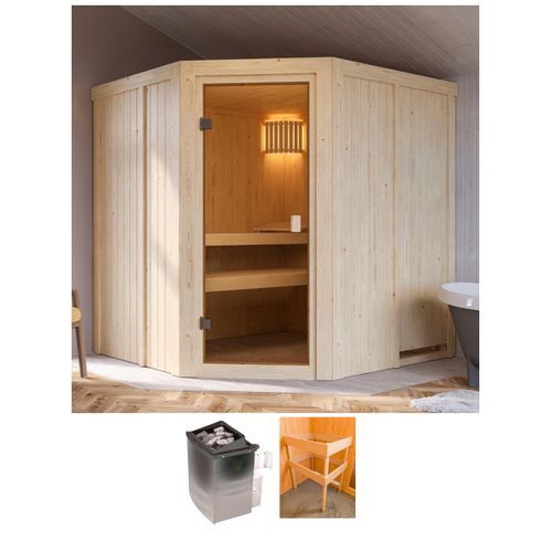 KARIBU Sauna „Bogo“ Saunen mit Ofen 9 kW integr. Strg. beige (natur) Saunen
