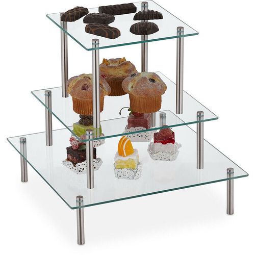 Relaxdays – Tortenständer, stapelbar, 3 Größen, für kleine Kuchen, Desserts & Cupcakes, eckige Kuchenständer, transparent
