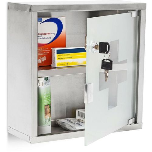 Medizinschrank emergency l breit aus Edelstahl und Glas hbt: 30 x 30 x 12 cm Medibox mit abschließbarer Tür und 2 Ablagen für Medikamente und