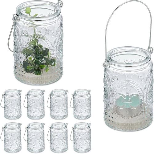 Relaxdays – Windlicht, 12er Set, Glas mit Henkel, innen & außen, 10,5 x 7 cm, Hochzeit Teelichthalter, transparent/silber