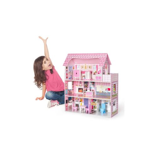 Puppenhaus, Traumhaus aus Holz,Rosafarbenes Puppenhaus-Spielset aus Holz mit Möbeln und Zubehör, Traumhaus-Spielzeugset, 3+ Kinsi