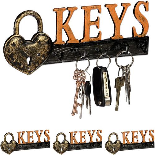 4 x Schlüsselbrett, 5 Haken, Vorhängeschloss & Keys-Schriftzug, Gusseisen, Vintage, hbt: 10 x 26 x 3 cm, orange/schwarz