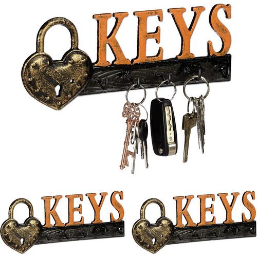 3 x Schlüsselbrett, 5 Haken, Vorhängeschloss & Keys-Schriftzug, Gusseisen, Vintage, hbt: 10 x 26 x 3 cm, orange/schwarz