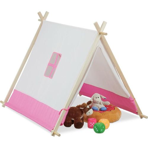 Tipi Zelt für Kinder, flach, Kinderzimmerzelt, HxBxT: 92 x 120 x 86 cm, drinnen, Wigwam Kinderzelt, weiß-rosa - Relaxdays