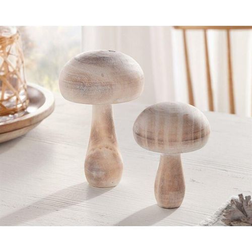 2x Dekofigur Pilze Pur aus Holz, weiß gekalkt, 10 + 13 cm hoch, Holzpilze, Dekopilze, Herbstdeko