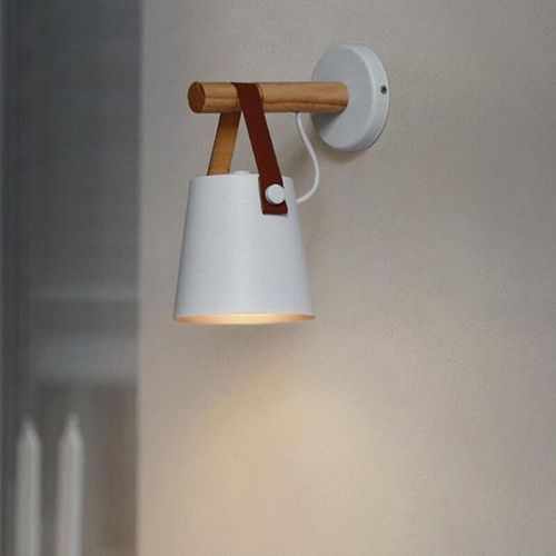 Axhup – Wandleuchte Innen, Vintage E27 Wandlampe aus Holz Halter, Wandbeleuchtung mit Lampenschirm aus Leder für Schlafzimmer Wohnzimmer Korridor