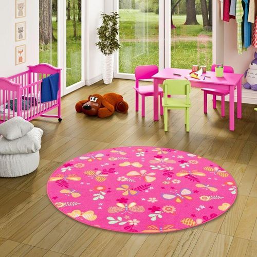 Kinder Spiel Teppich Schmetterling Pink Rund - 160 cm Rund