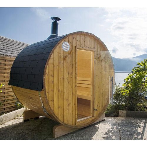 Kammi 220 Saunafass Outdoor Barrel Sauna 220 x 220 cm Outdoorsauna aus Fichte – Harvia