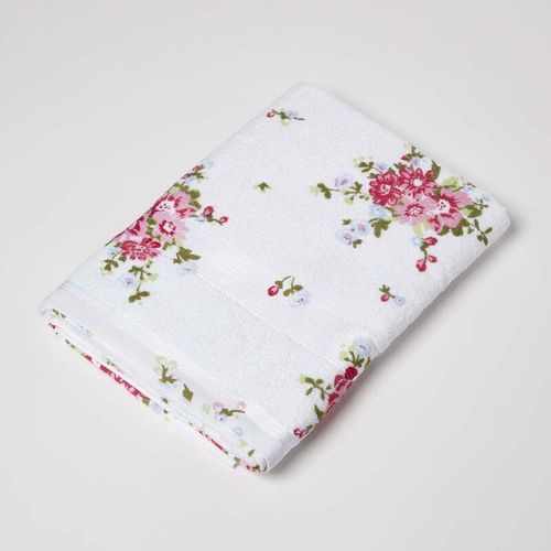 Homescapes – Frottee Duschtuch weiß Vintage Blumen pink – Weiß