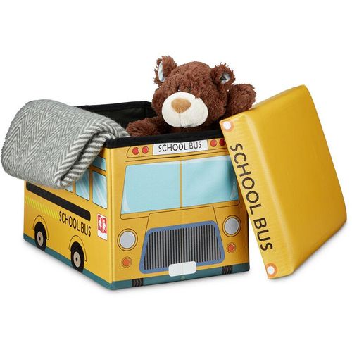 Faltbare Spielzeugkiste Schulbus hbt 32 x 48 x 32 cm stabiler Kinder Sitzhocker als Spielzeugbox aus Kunstleder mit Stauraum ca. 37 l und Deckel zum