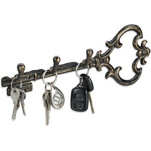 Schlüsselbrett, 3 Haken, dekorative Schlüsselform, Gusseisen, Vintage, hbt 12,5 x 33 x 4,5 cm, schwarz-gold – Relaxdays
