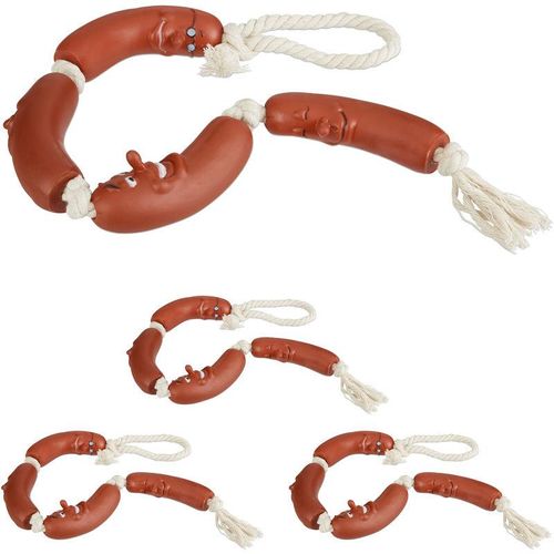 Relaxdays – 4 x Hundespielzeug Wurst, kleine & mittlere Hunde, robust, ohne Quietscher, Kauspielzeug, 65 cm lang, rot-weiß