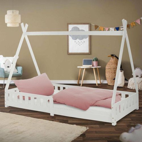 Kinderbett Tipi mit Lattenrost, 90×200 cm, Weiß, aus Kiefernholz, Indianer Bett für Mädchen & Jungen, Hausbett mit Zaun Kinderhaus Jugendbett