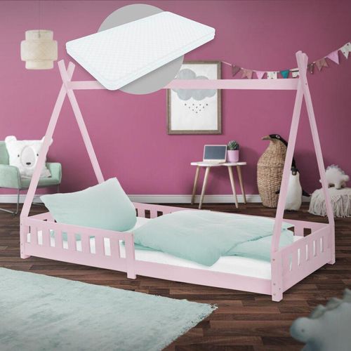 Ml-design – Kinderbett Tipi mit Lattenrost inkl. Matratze, 90×200 cm, Rosa, aus Kiefernholz, Indianer Bett für Mädchen & Jungen, Hausbett Jugendbett