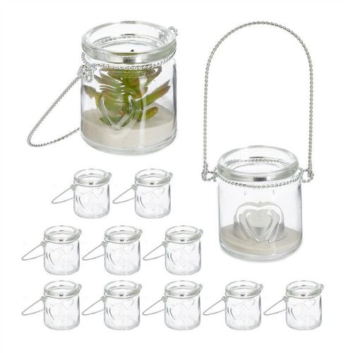 Relaxdays – Windlicht, 12er Set, Glas mit Henkel, innen & außen, HxD: 7×6 cm, Teelichthalter Hochzeit, transparent/silber