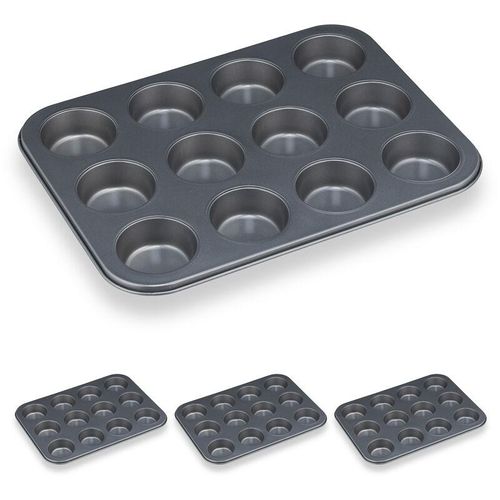 Relaxdays – 4 x Muffinform, 12er Muffinbleche, Cupcakeblech antihaftbeschichtet, Carbonstahl, Muffins & Cupcakes, ø 6,5 cm, grau